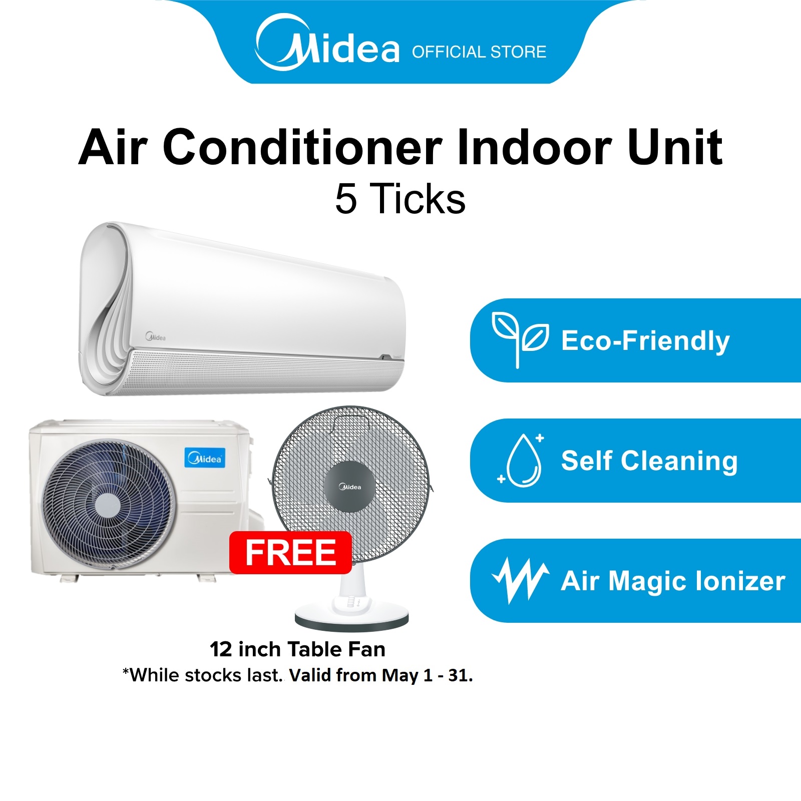 [Bulky] Midea MSAS-09E + MAS-1S09E Single Split Aircon, [System 1] 9000 BTU, Energy Rating 5 Ticks