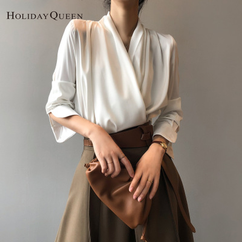 HolidayQueen Satin V-neck Shirt Women Fall French Style Elegant Drape Long-sleeved Shirt Free Shipping HQ10335