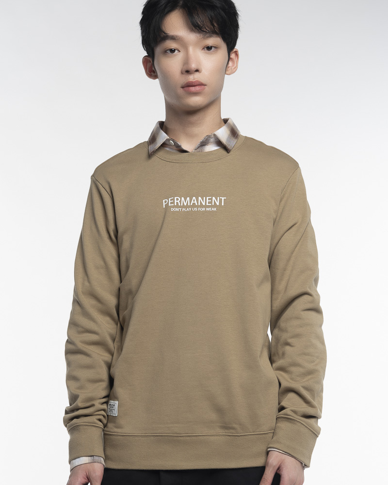 Yishion Men Solid Coloured Long Sleeve Sweatshirt with Permanent Slogan (Khaki Beige)